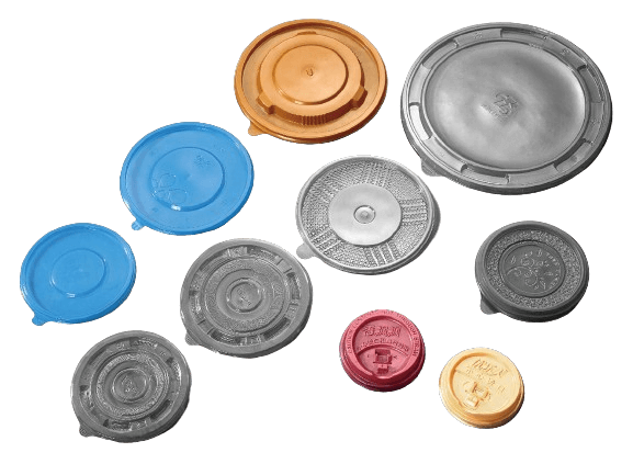 Assorted plastic lids in various sizes and colors, used for sealing packaging containers.
