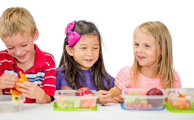 Three children enjoying fruits and vegetables from BPA-free plastic containers, with the boy on the left peeling an orange.