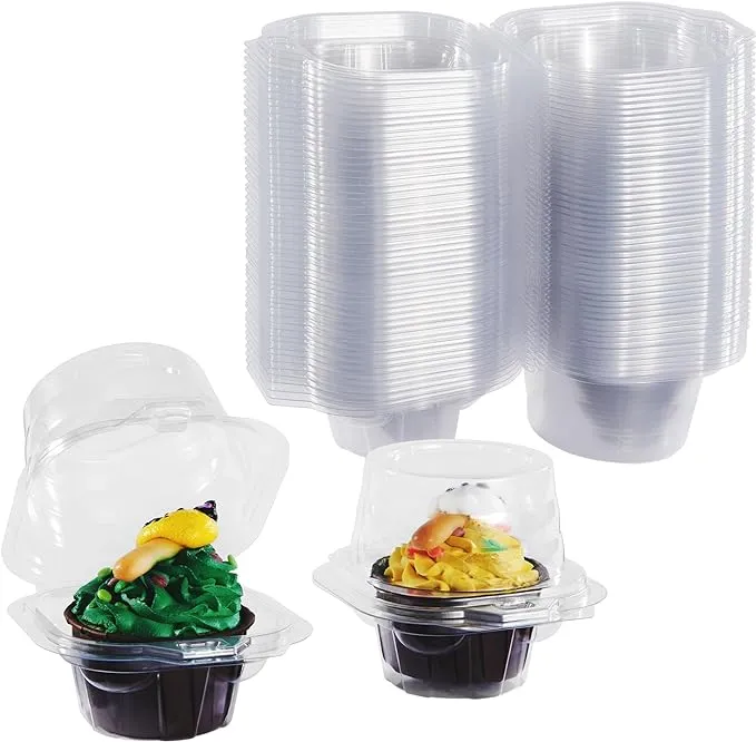 Stacks of clear plastic cupcake containers and two individual cupcakes in containers, designed for secure storage and display.