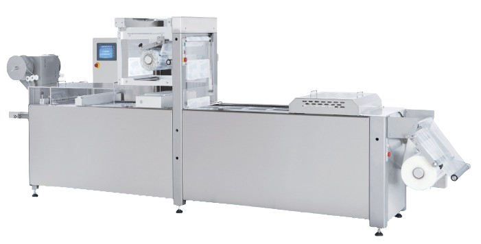 A sleek, stainless steel fully automated thermoforming packaging machine, designed for high-efficiency plastic packaging production.