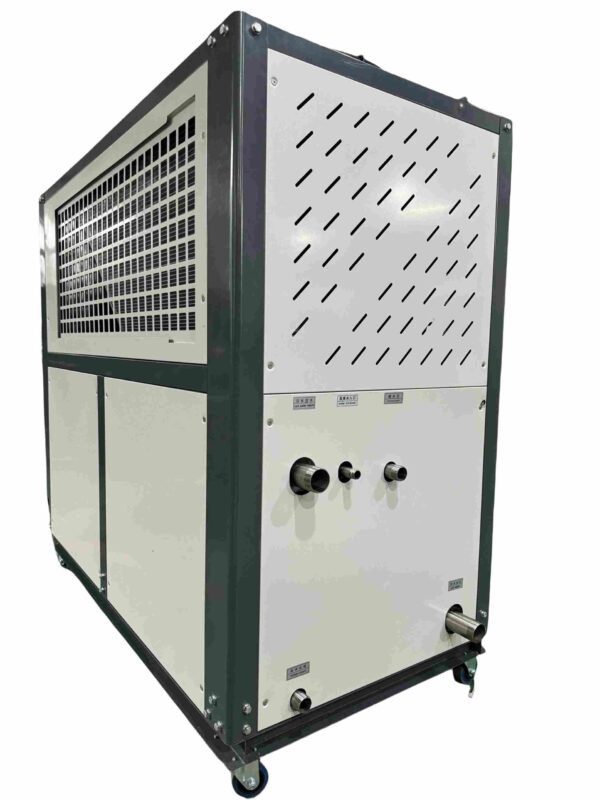 A compact industrial water chiller with a digital control panel and gauges on the front.