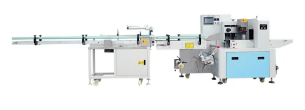 Horizontal packaging machine with a long conveyor belt, control panel, and advanced sensors for automated and precise product packing.