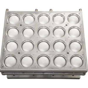 A metal upper punching mold with multiple circular cavities, designed for producing cup lids through thermoforming.