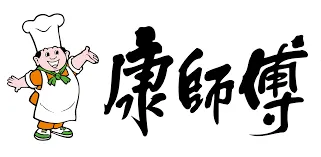 徽标上有一个卡通厨师吉祥物，并用粗体书法字体写有 "康师傅 "三个汉字。