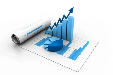 3D bar and pie charts with an upward arrow, representing business growth and financial analysis.