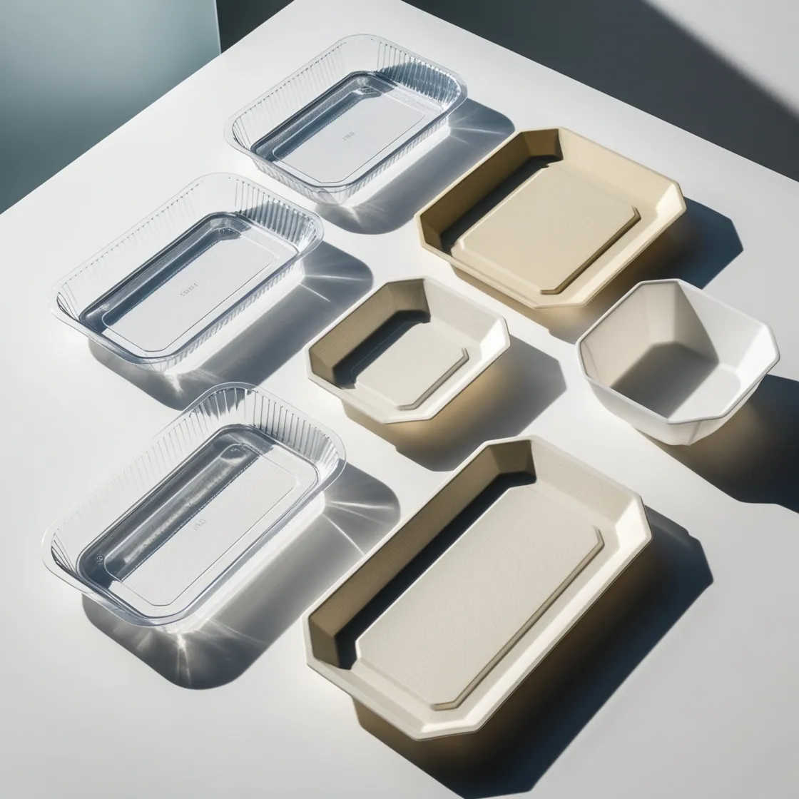 An assortment of clear and beige disposable food containers in various shapes and sizes, arranged in a modern setting with shadows highlighting their design.