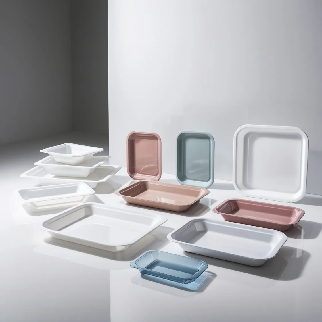A selection of stackable serving trays in pastel colors, displayed in various sizes and arranged in a modern setting.