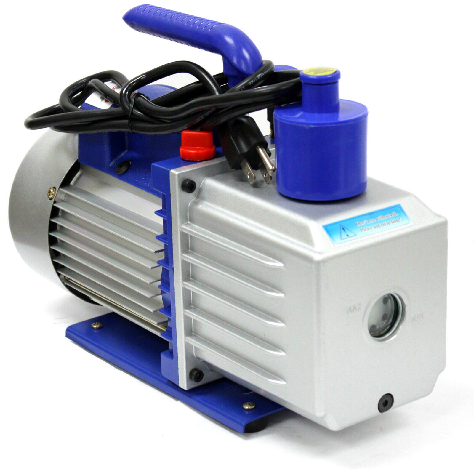 Portable blue and silver vacuum pump with a top handle, suitable for industrial and laboratory use.