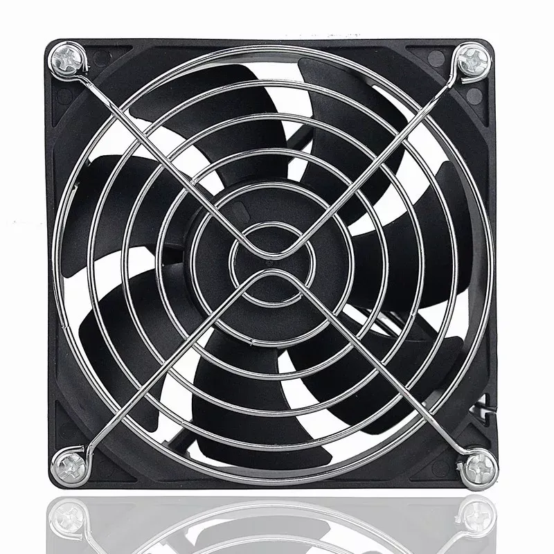 A square cooling fan with a black frame and a metal protective grill, designed for electronic and mechanical system cooling.