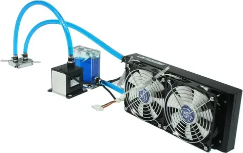 A liquid cooling system with a dual-fan radiator, transparent coolant reservoir, pump, and blue tubing designed for electronic component heat management.