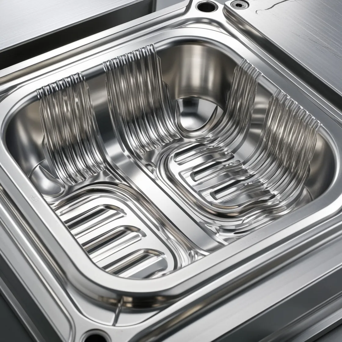 Close-up of a stainless steel thermoforming mold with polished surfaces and detailed cavities used for plastic molding production.