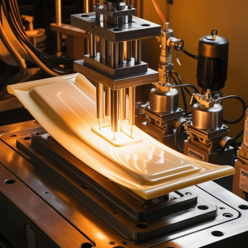 A heated plastic sheet being molded on a thermoforming machine with metal pistons.
