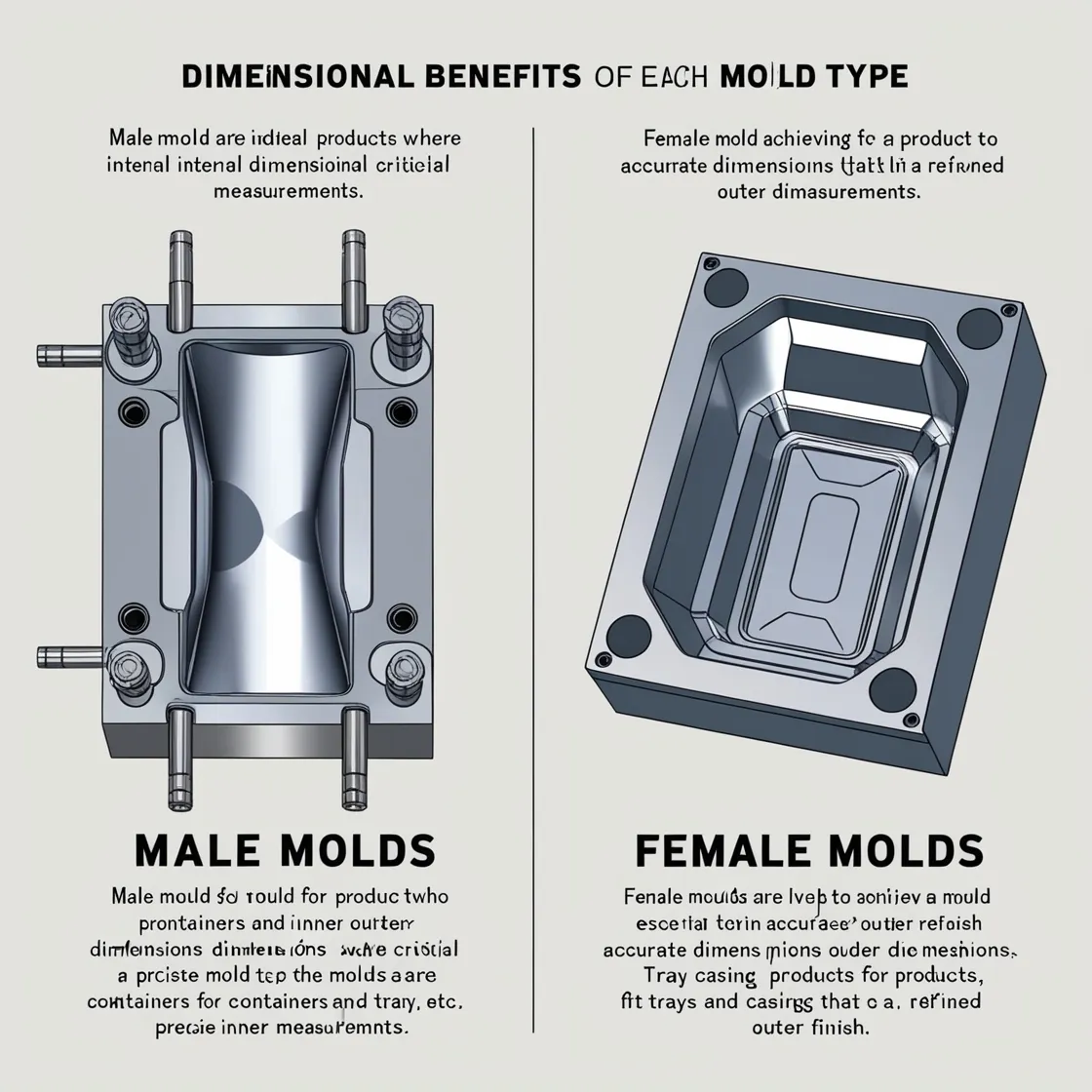 Comparación entre moldes masculinos y femeninos con ilustraciones y descripciones de sus ventajas dimensionales.