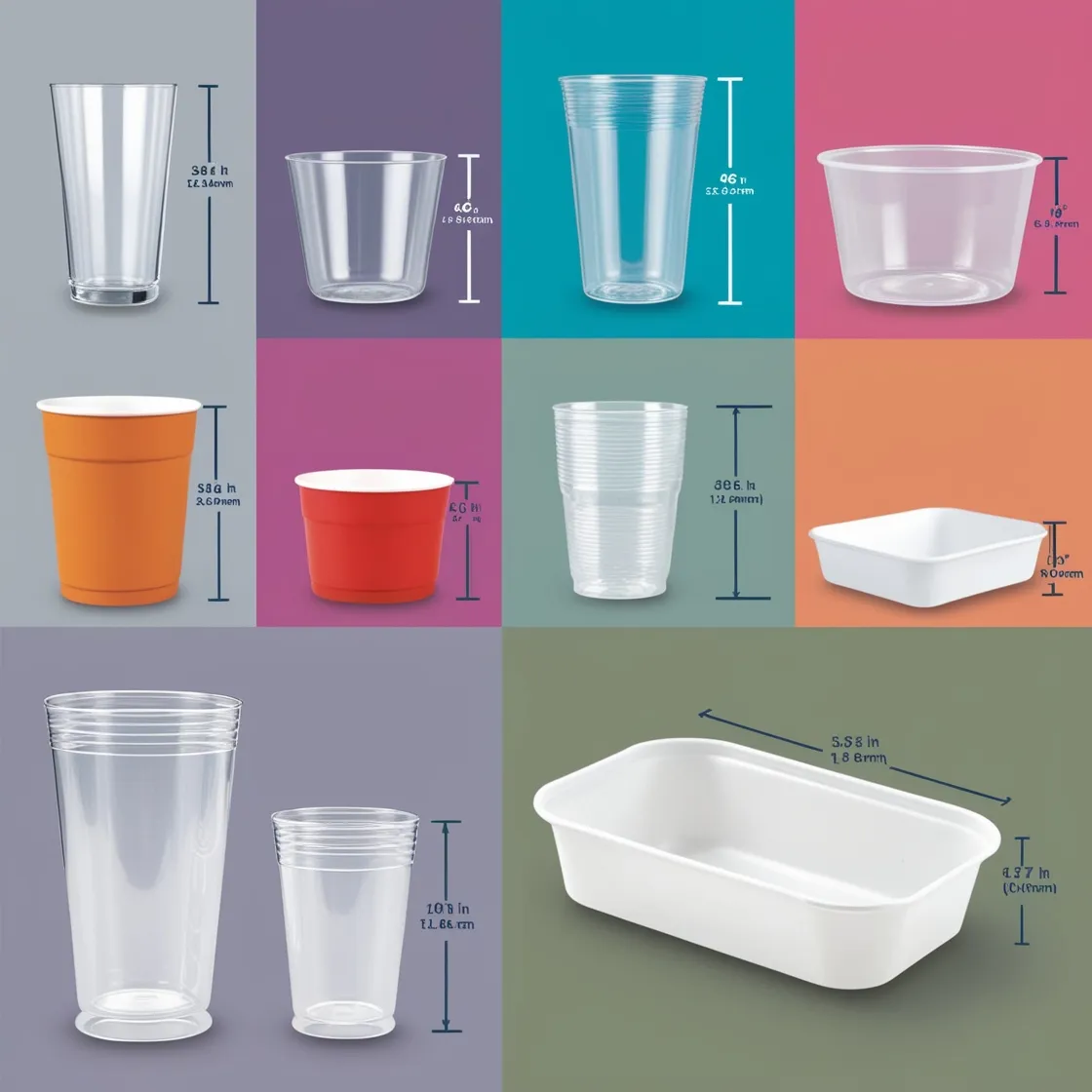 Assorted plastic food containers in various sizes and shapes with labeled dimensions, including cups, bowls, and trays.