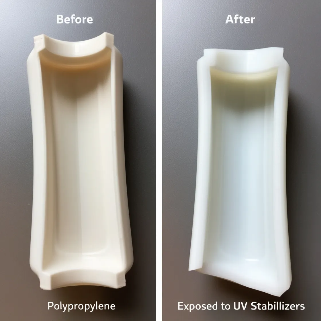 Side-by-side comparison of polypropylene before and after UV stabilizer treatment, showing increased translucency in the treated material.