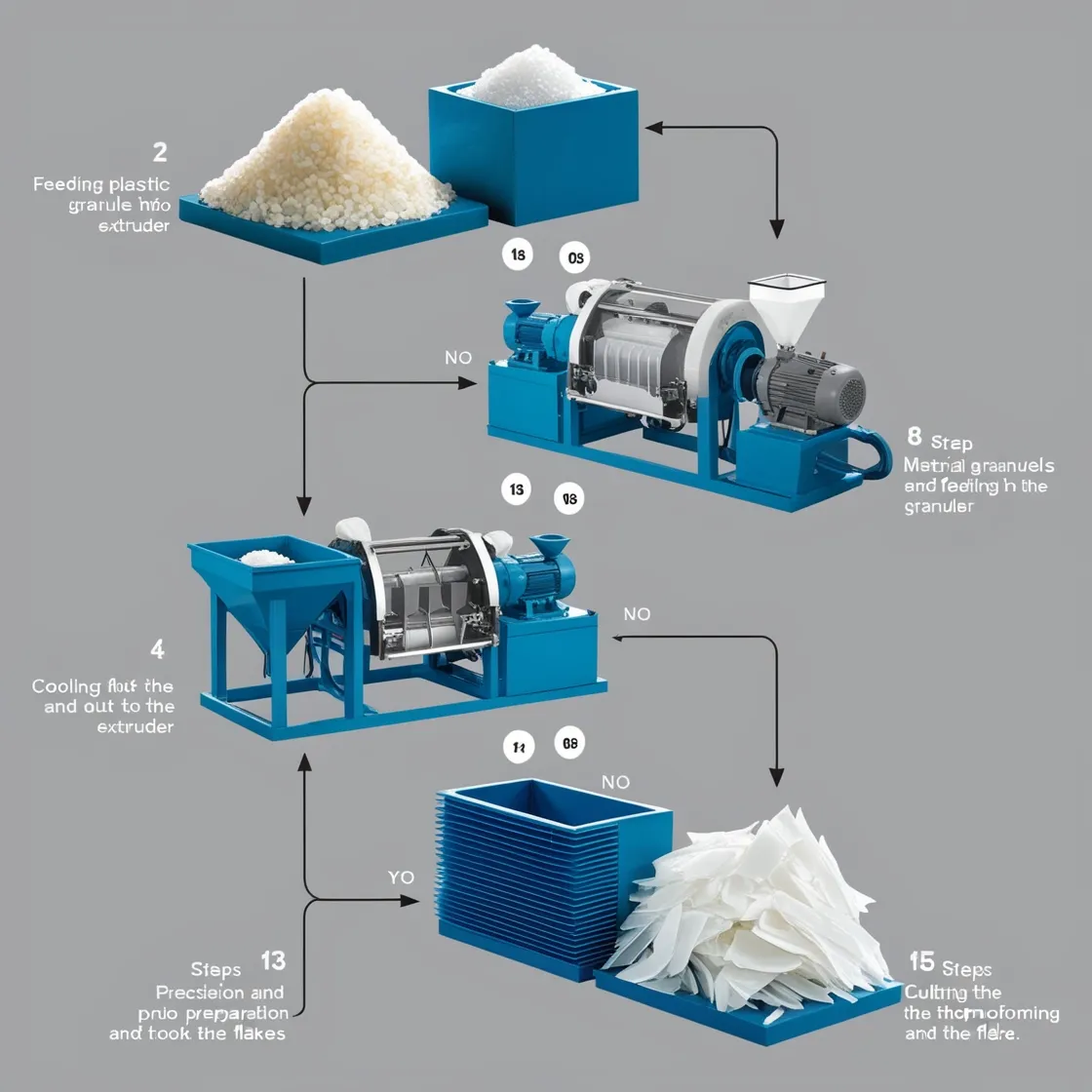 Flow diagram of the thermoforming process, showing plastic granules fed into an extruder, melted, cooled, and cut into sheets.