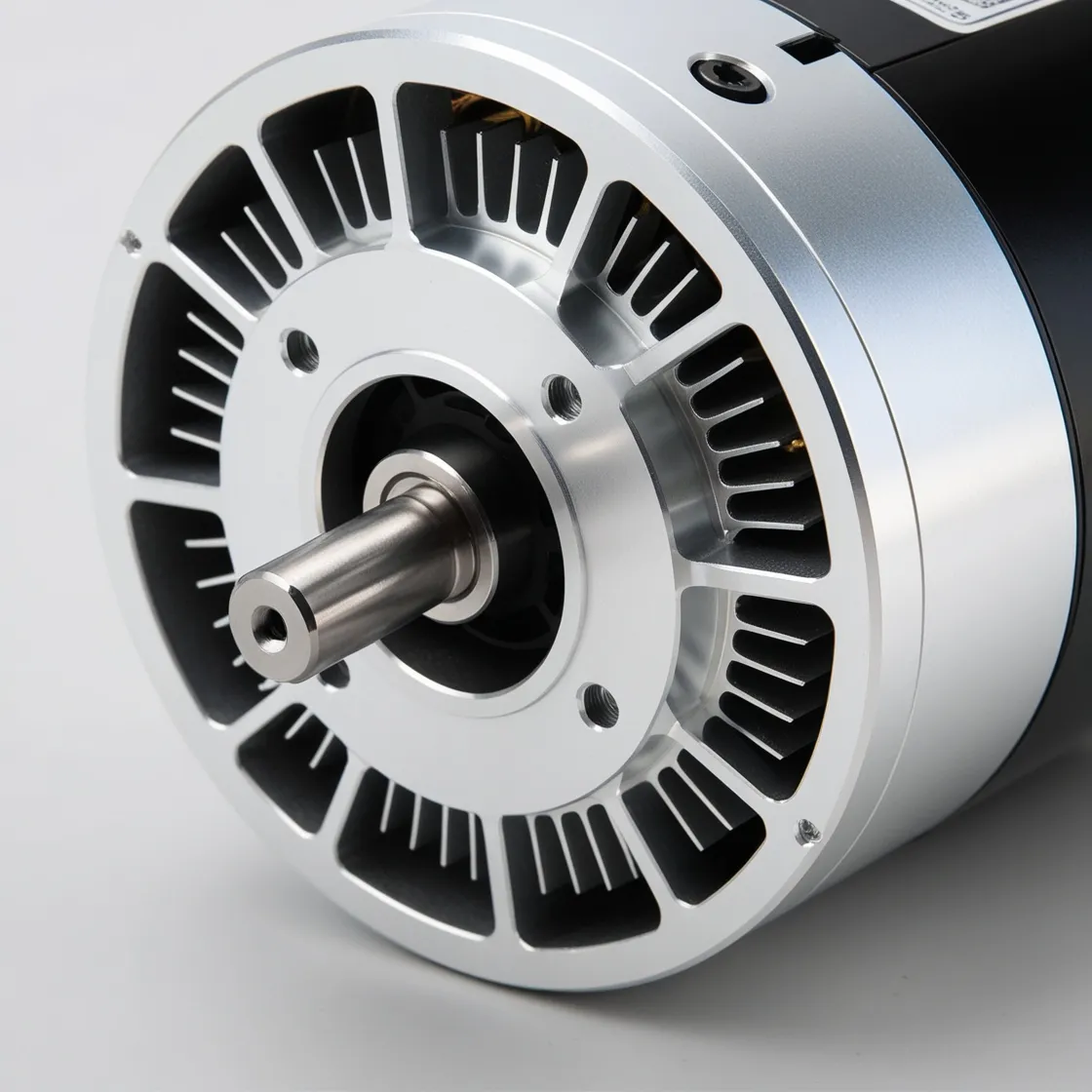 Close-up of a high-performance electric motor with metallic housing, cooling fins, and central shaft for precision and durability.