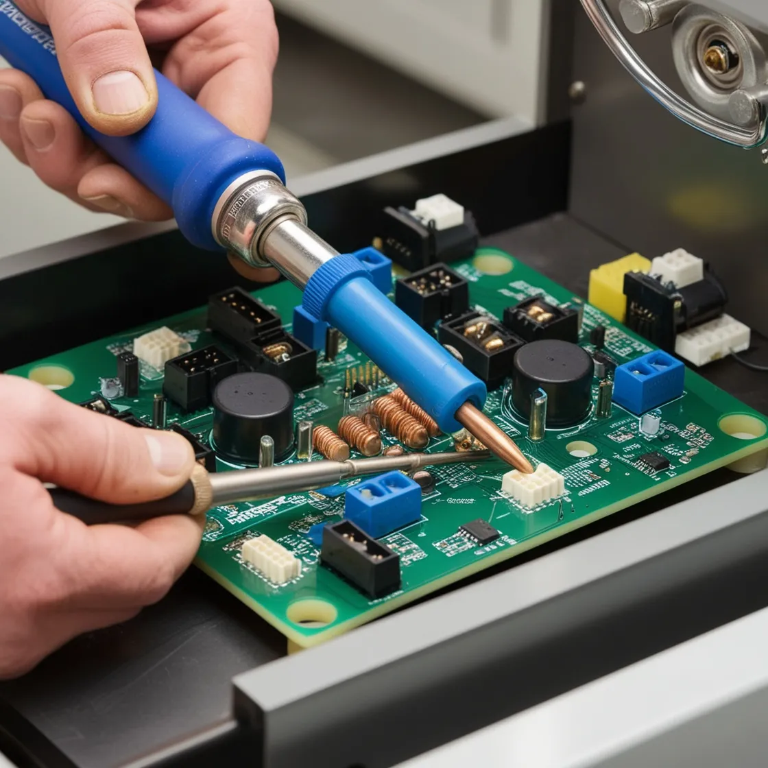Technician repairing a green circuit board using a soldering iron, ensuring proper connections and functionality.