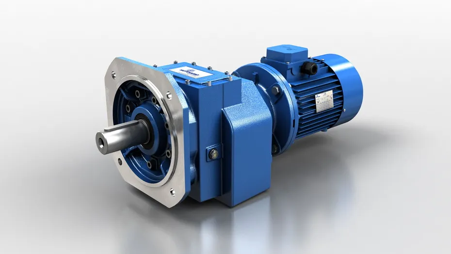 A blue industrial gear reducer coupled with an electric motor, showcasing a durable and compact design.