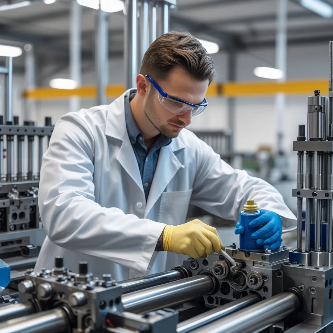 Lubricating moving parts of a thermoforming machine to reduce friction.