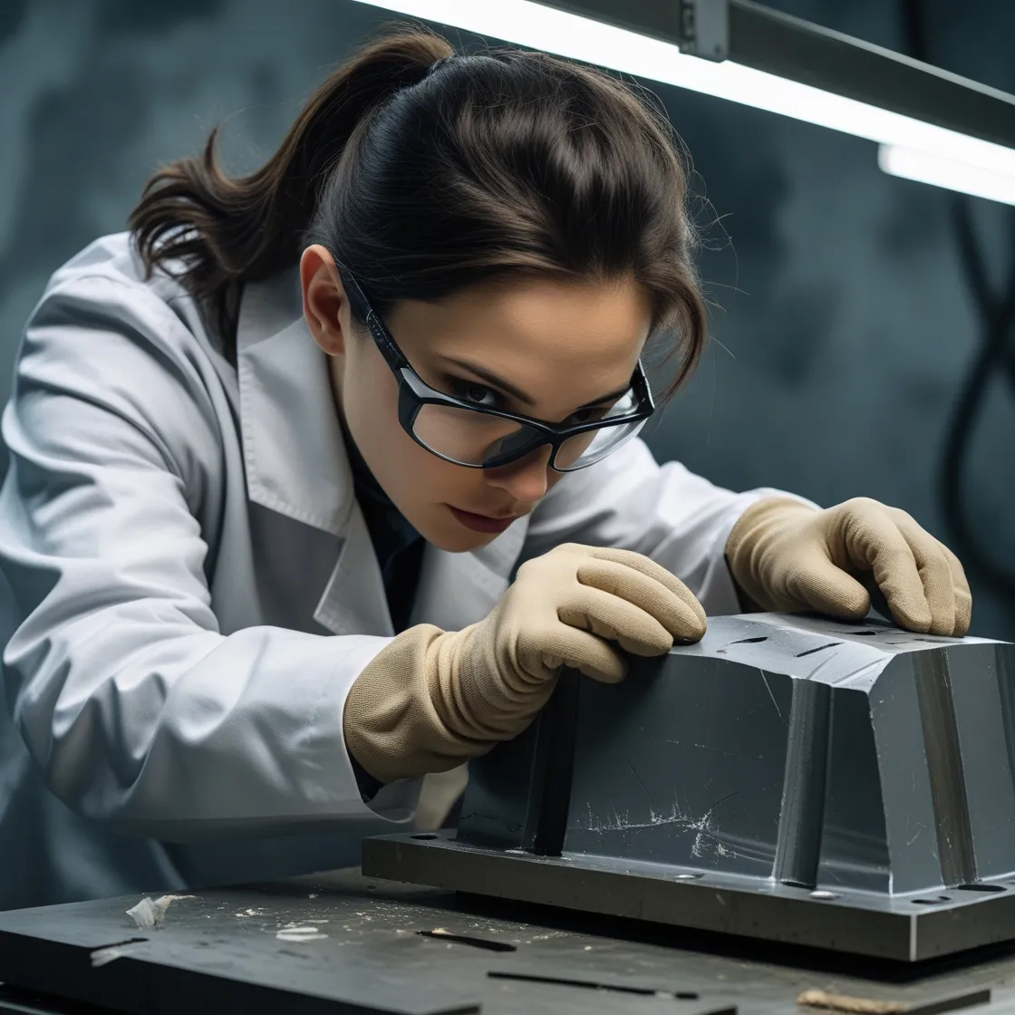 Inspecting thermoforming molds for wear and damage to ensure quality.