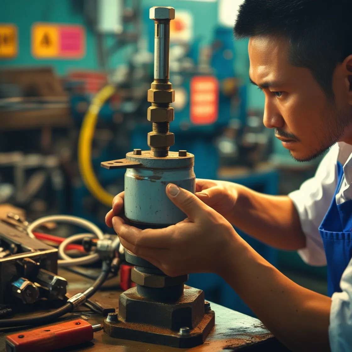 Technician inspecting pressure regulators for leaks and damage.