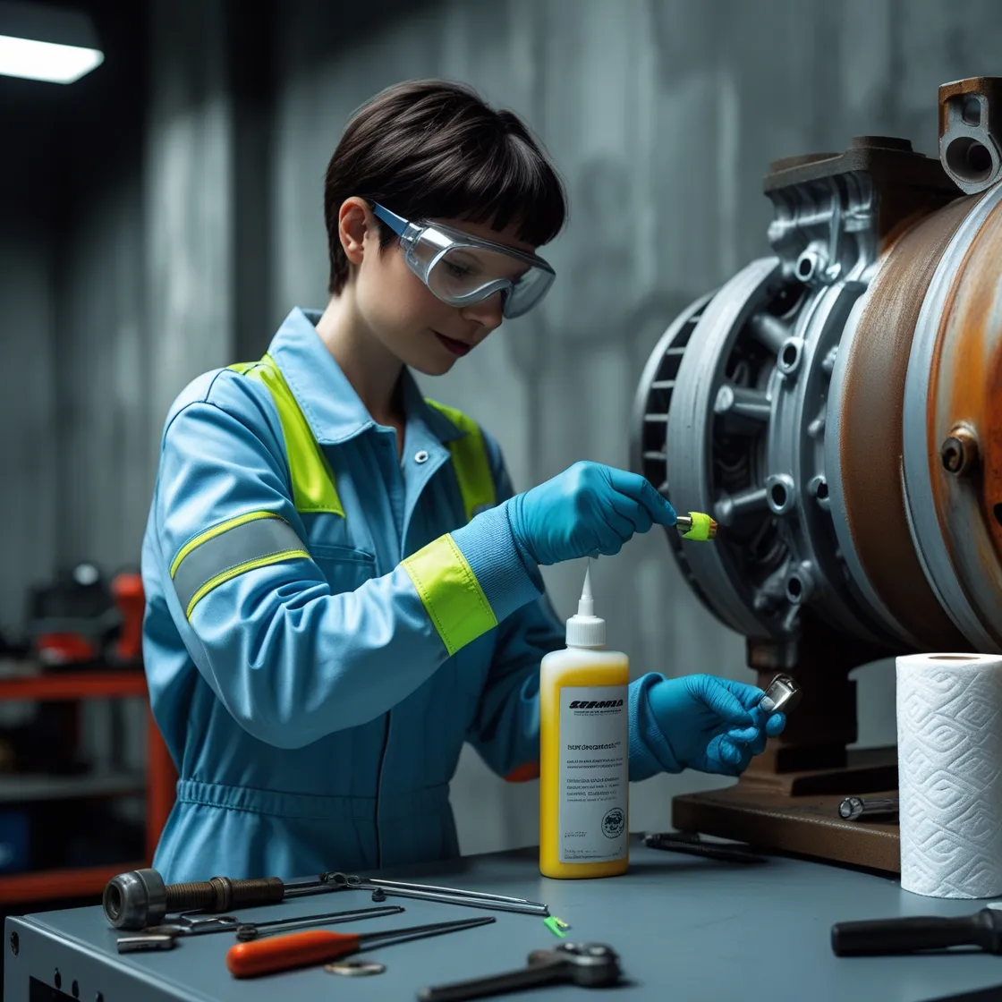 Técnico que lubrica las piezas móviles del compresor para garantizar su buen funcionamiento.