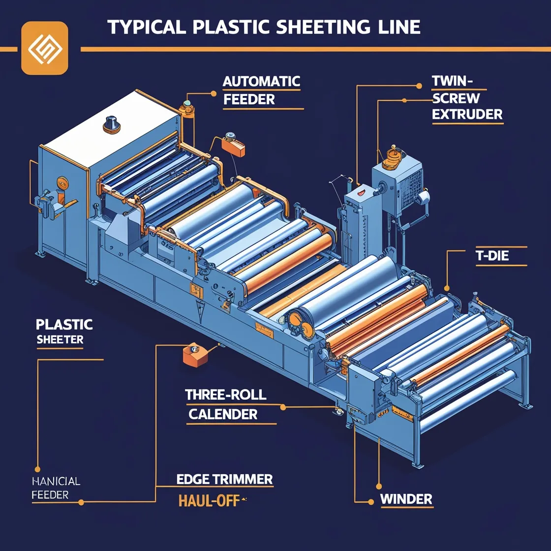 Diagram of plastic sheet extrusion line with extruder, T-die, calender, edge trimmer, haul-off, and winder.