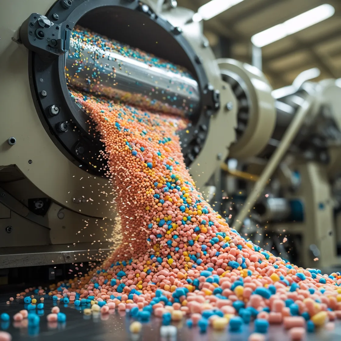 Multicolored plastic granules feeding into sheet extrusion machine for thermoforming production.