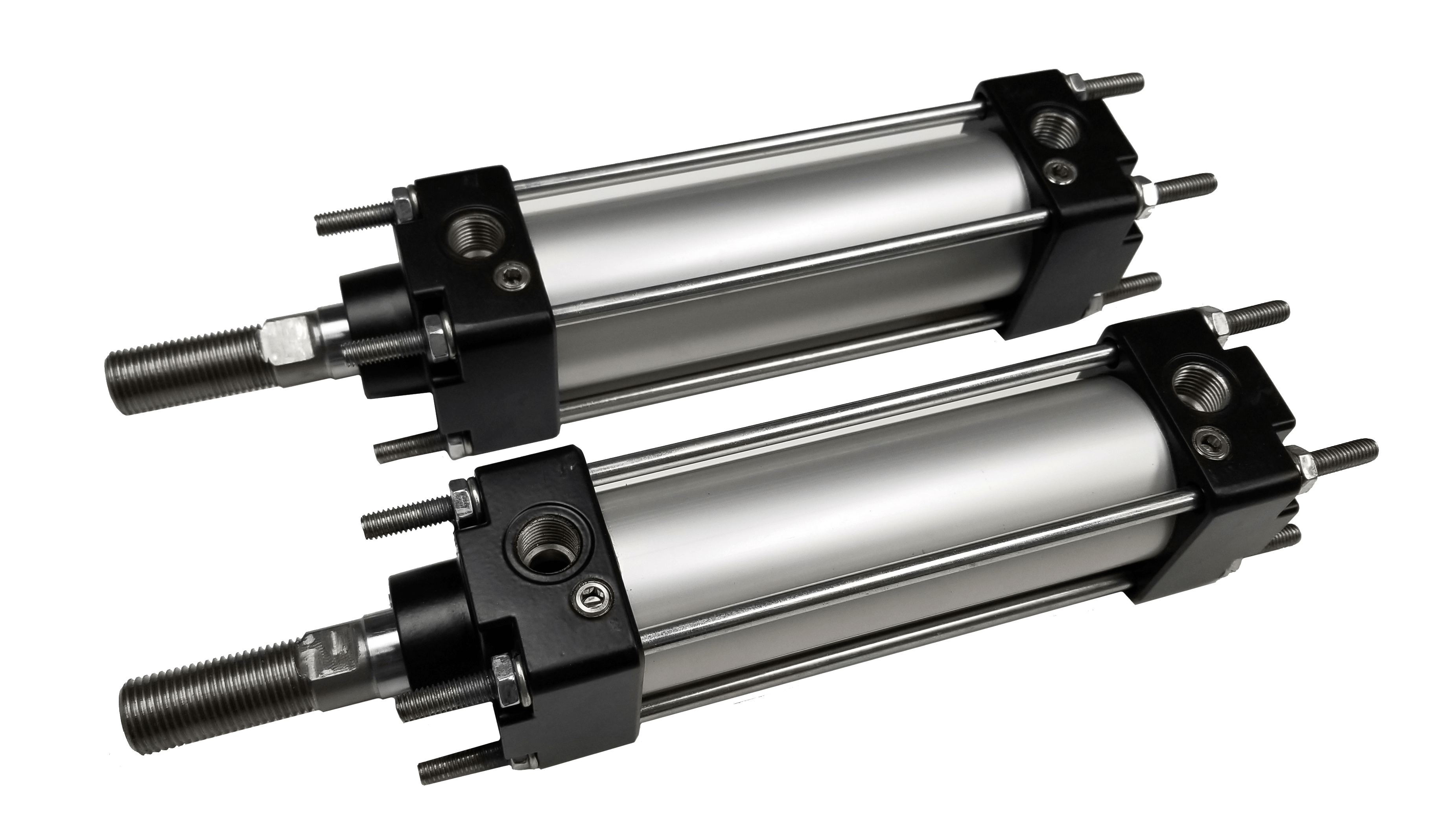 Two aluminum pneumatic cylinders with threaded rod ends for industrial use in thermoforming machines.