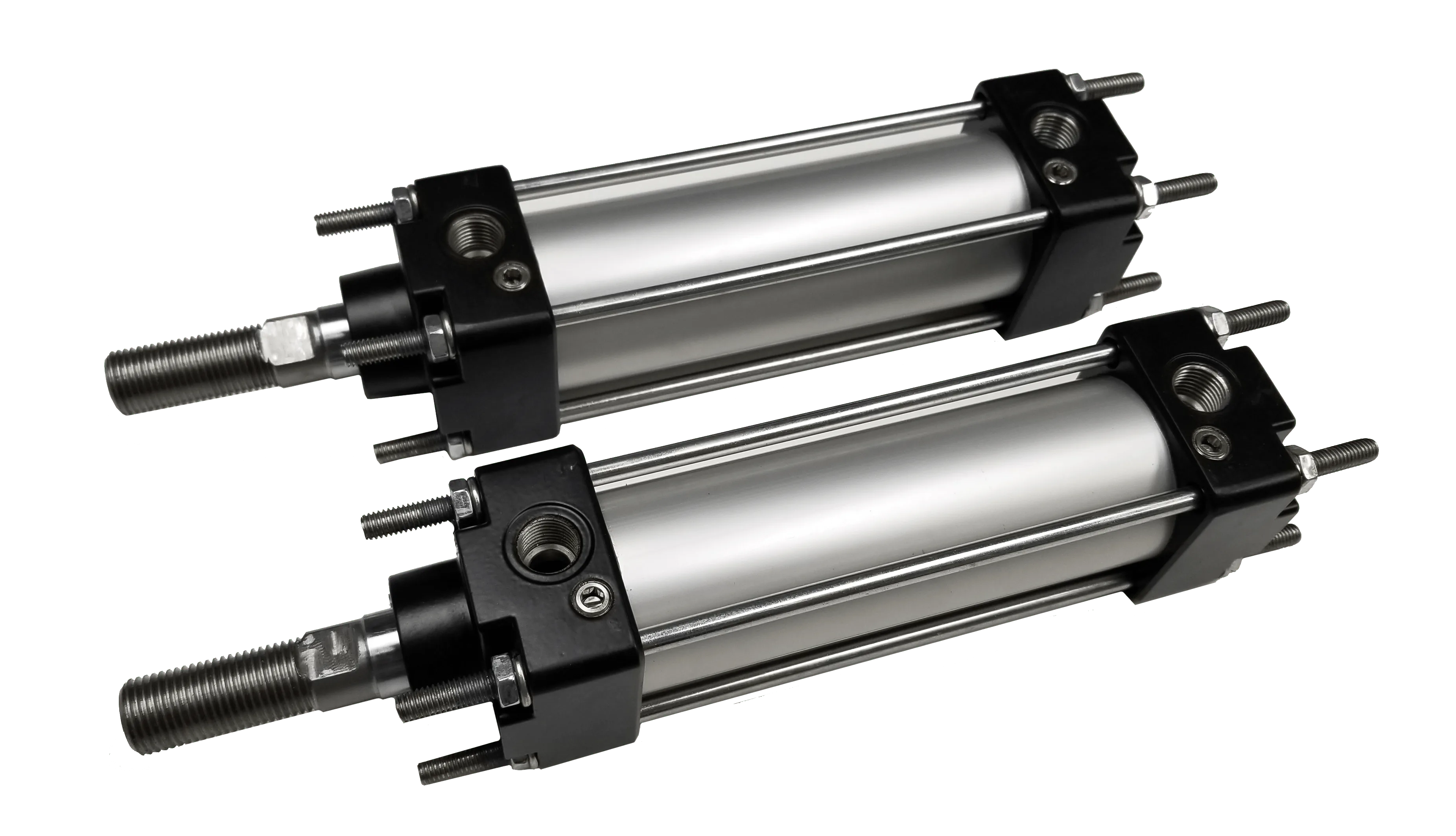 Two aluminum pneumatic cylinders with threaded rod ends for industrial use in thermoforming machines.