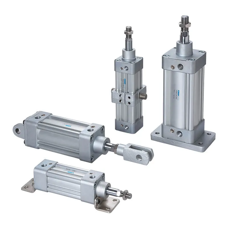 Four pneumatic cylinders with different mounting bases and rod types used in industrial machinery.