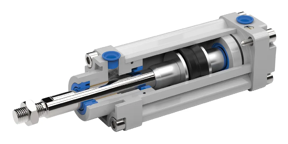 Cross-section of a pneumatic cylinder displaying internal components like piston, seals, and rod.