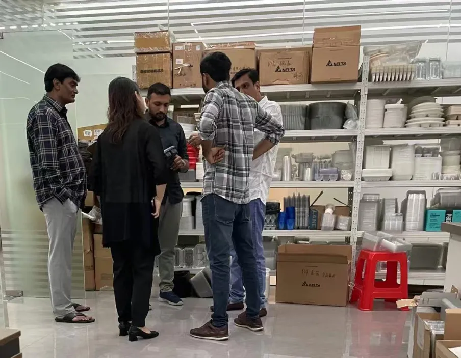 Mesoforming Thermoforming Machine samples & packaging, global clients inspecting at warehouse.