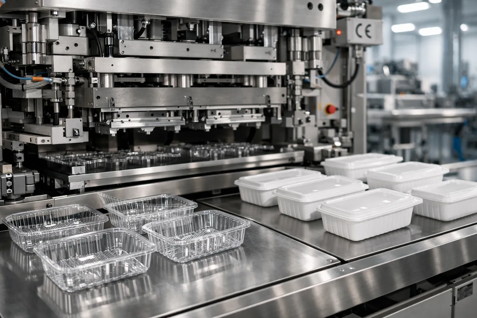 Multi-station servo thermoforming machine producing clear PET fresh produce trays and PP takeaway containers in a CE-compliant facility.