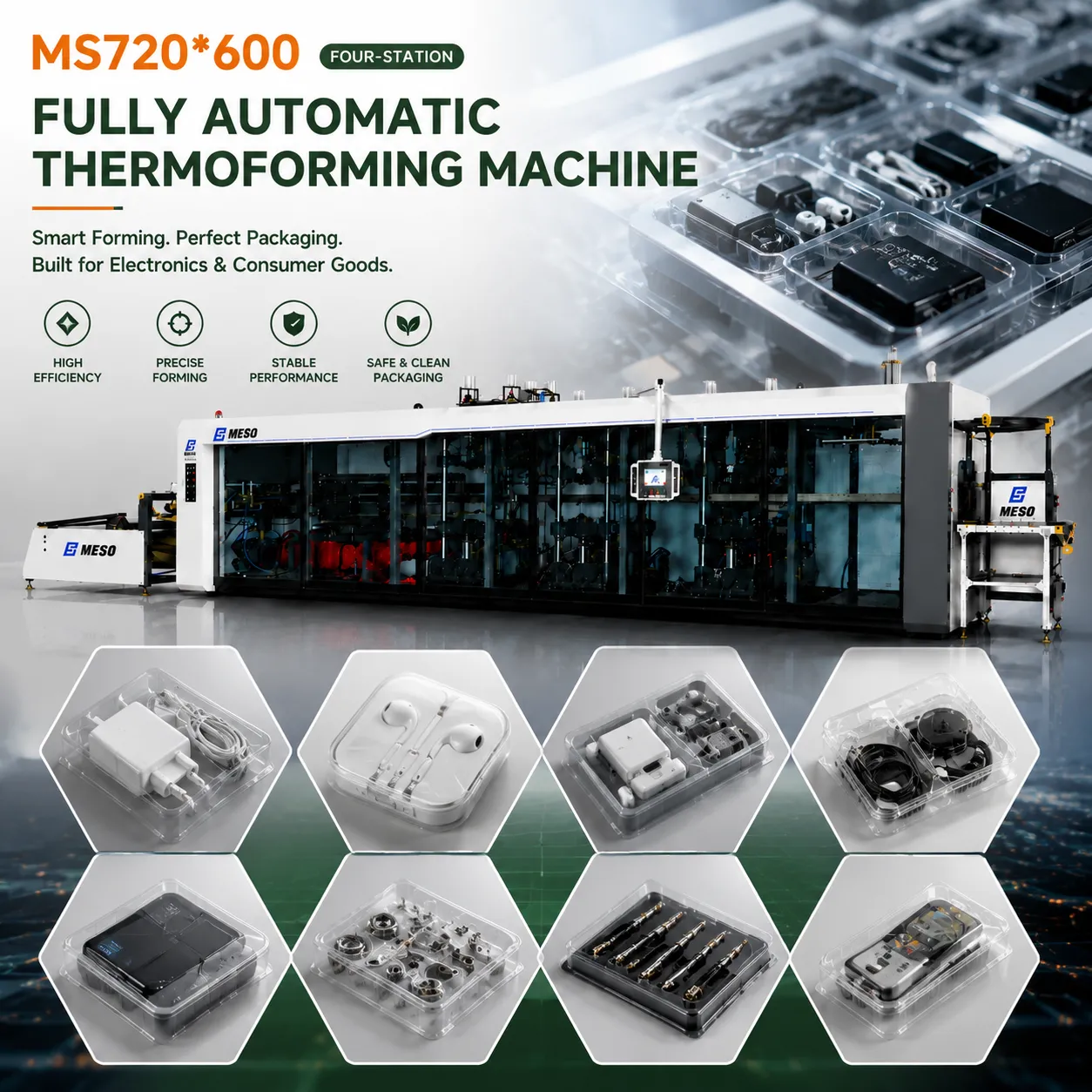 MESO MS720*600 4-Station Thermoforming Machine for Electronic Trays and Consumer Goods Blister Packaging