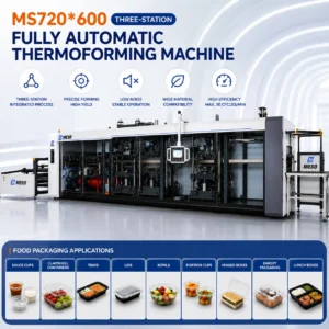 High-Speed 30 Cycles/Min MS720*600 Three-Station Thermoforming Machine for Sauce Cups, Hinged Boxes and Bakery Packaging