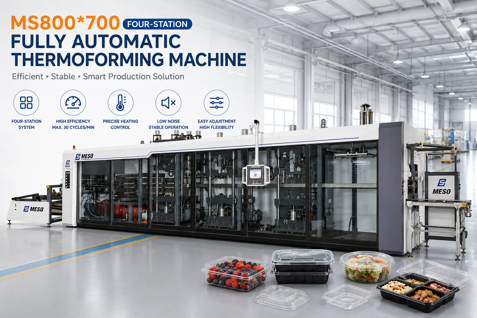 MESO MS800*700 Fully Automatic Four-Station Thermoforming Machine for Plastic Food Trays and Containers