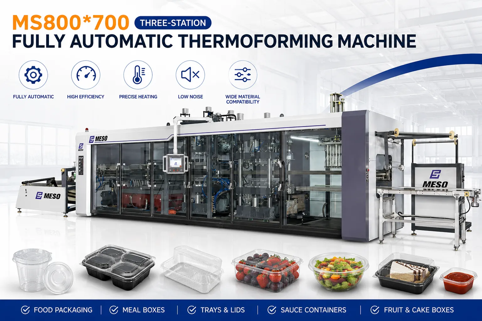 MESO MS800*700 Three-Station Fully Automatic Thermoforming Machine for Food Packaging, Meal Boxes and Trays