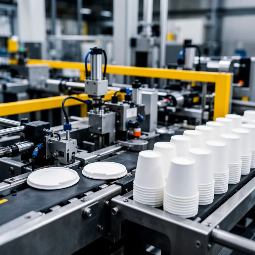 Automated servo motor thermoforming machine producing and stacking plastic cups and lids for food packaging