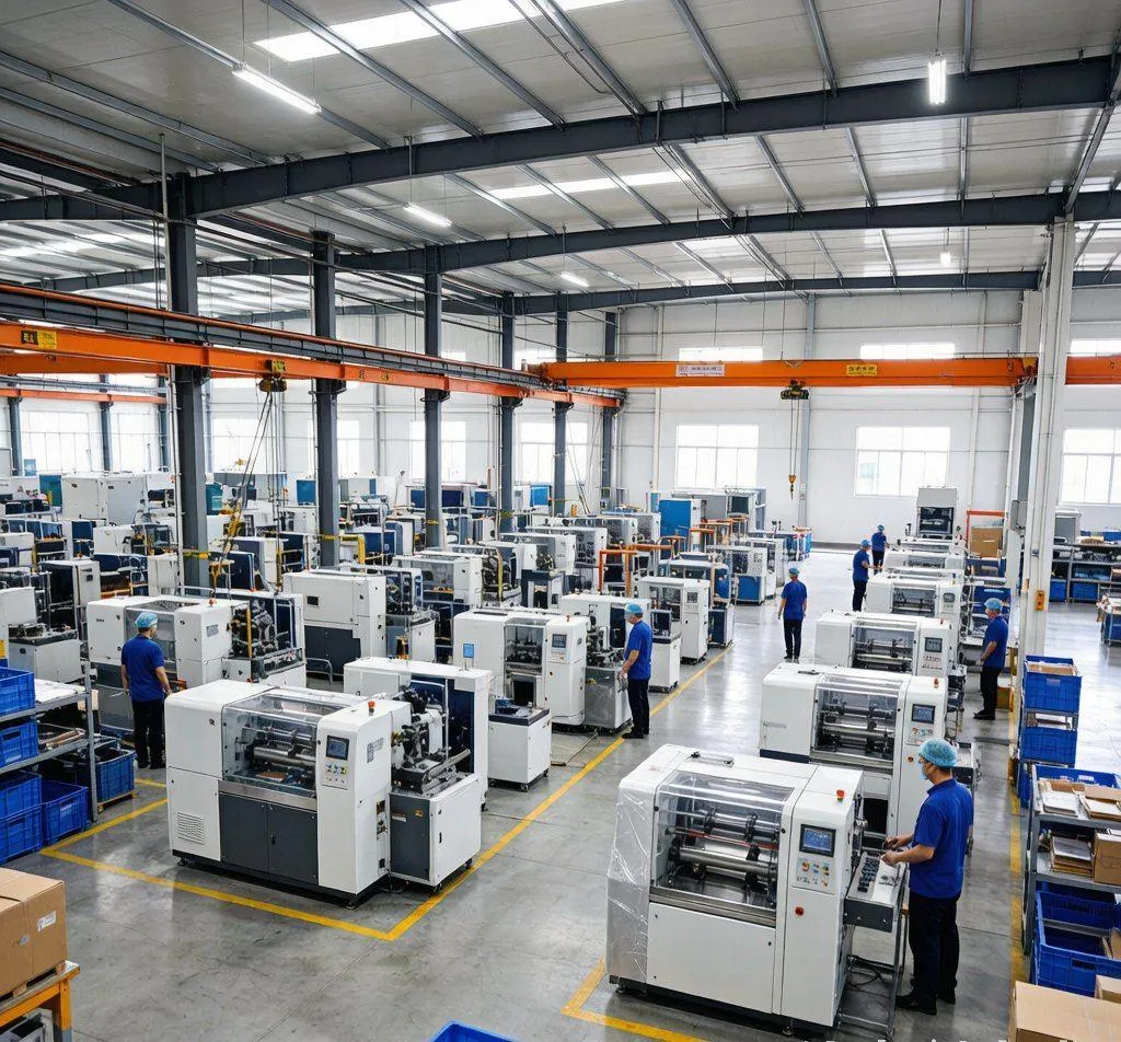LITAI Machinery production floor in Ruian Wenzhou showing rows of 3-station and 4-station thermoforming machines ready for export